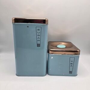 Vintage Lincoln Beautyware Canister Set Aqua Blue Tea Sugar Copper Lid MCM